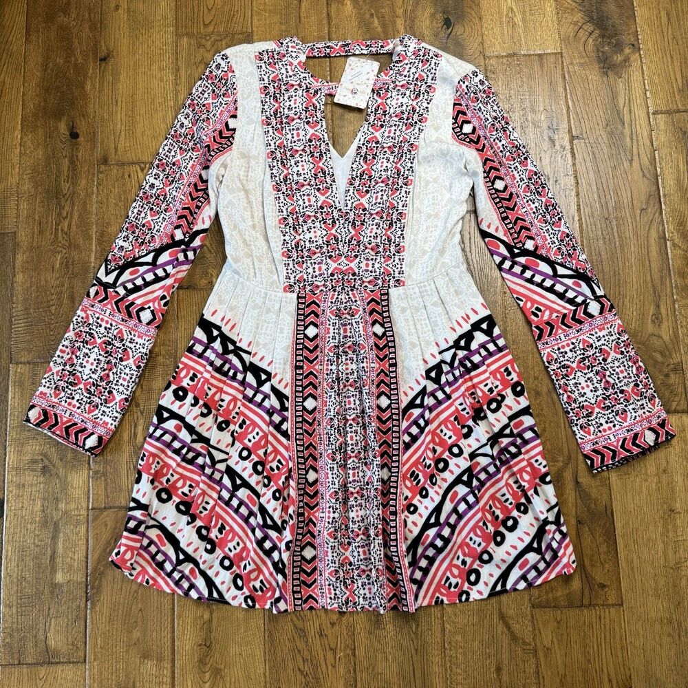 NWT Free People Tegan Border Print Bell Long Sleeve Tunic Mini Dress Sz 0